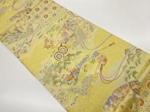 檜扇に和楽器・花鳥・古典柄模様織出し袋帯